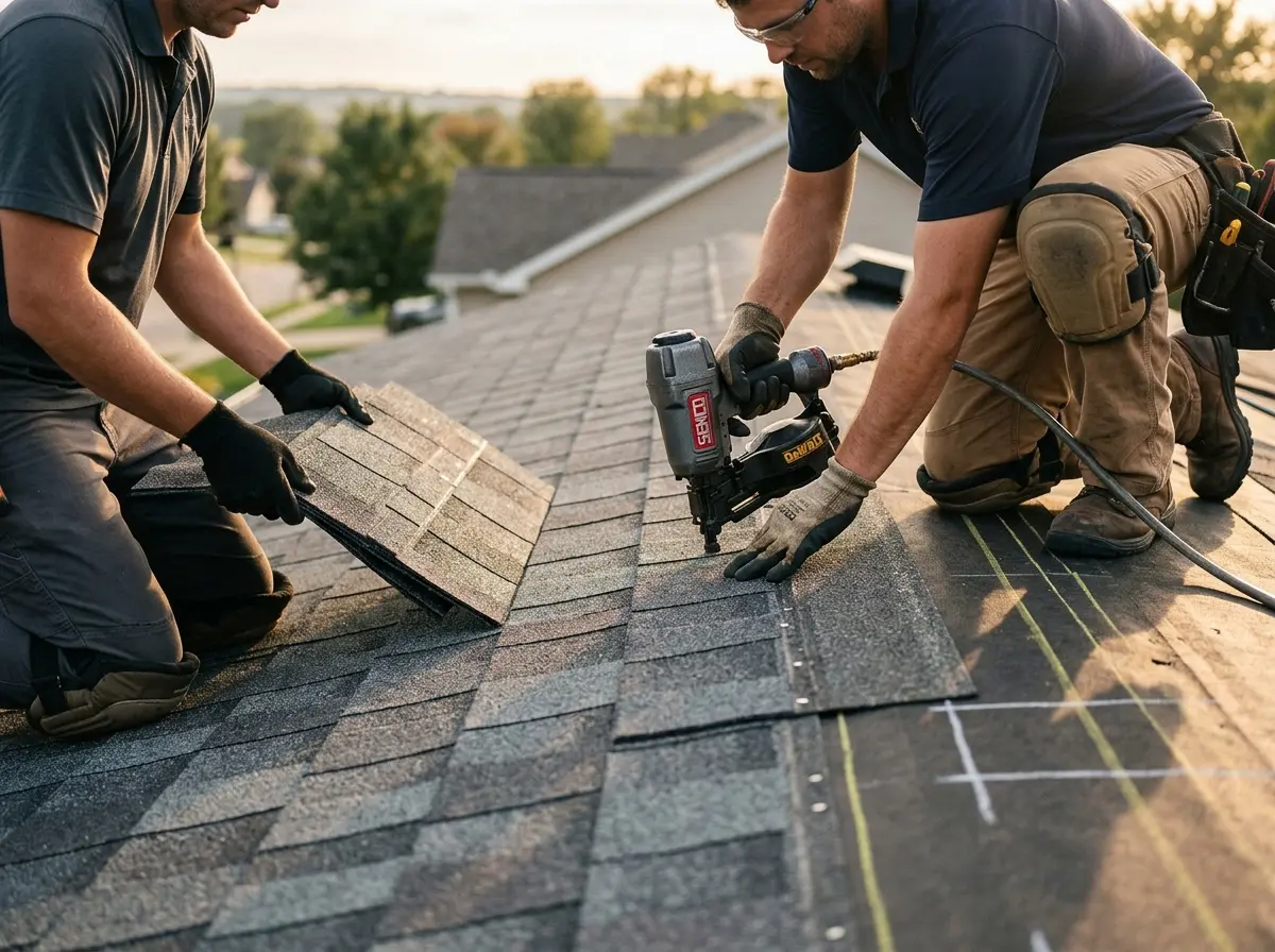 Professional roofer working on a residential roof in Monmouth